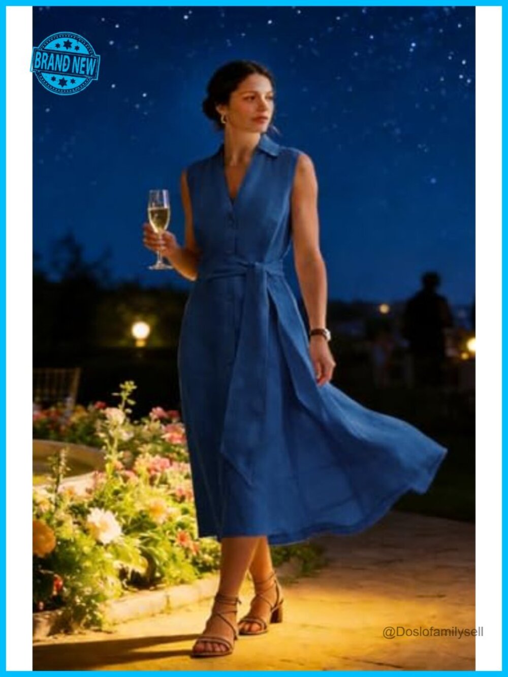 Linen Cotton Collared Shirt Dress V-Neck Sleeveless Button Down Midi - Picture 3 of 6